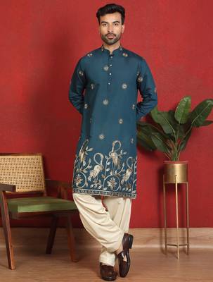 Cotton silk daman work embroidered blue kurta with salwar 1