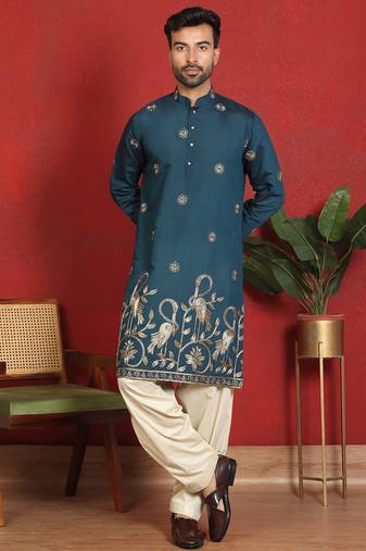 Cotton silk daman work embroidered blue kurta with salwar
