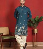Cotton silk daman work embroidered blue kurta with salwar