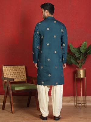 Cotton silk daman work embroidered blue kurta with salwar 3