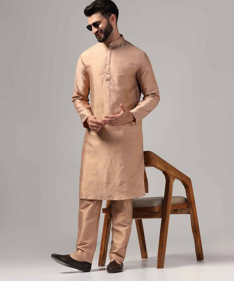 Rose gold color silk kurta with pants set