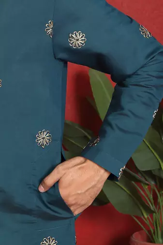 Cotton silk daman work embroidered blue kurta with salwar