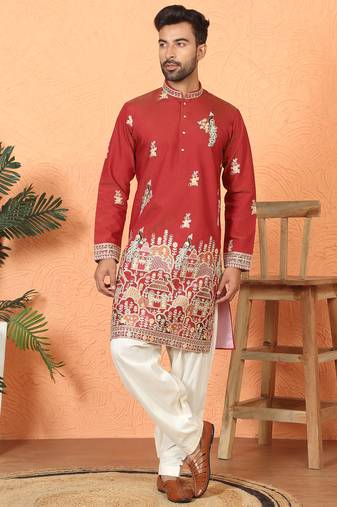 Cotton silk multi embroidered daman work red kurta with salwar