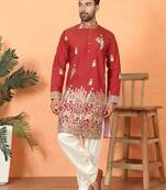 Cotton silk multi embroidered daman work red kurta with salwar