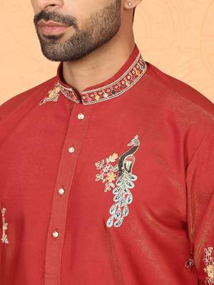Cotton silk multi embroidered daman work red kurta with salwar 2