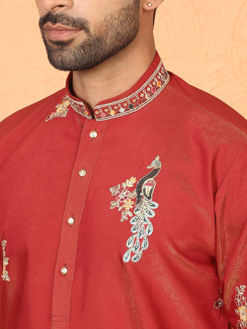 Cotton silk multi embroidered daman work red kurta with salwar