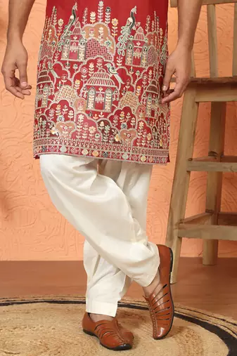 Cotton silk multi embroidered daman work red kurta with salwar