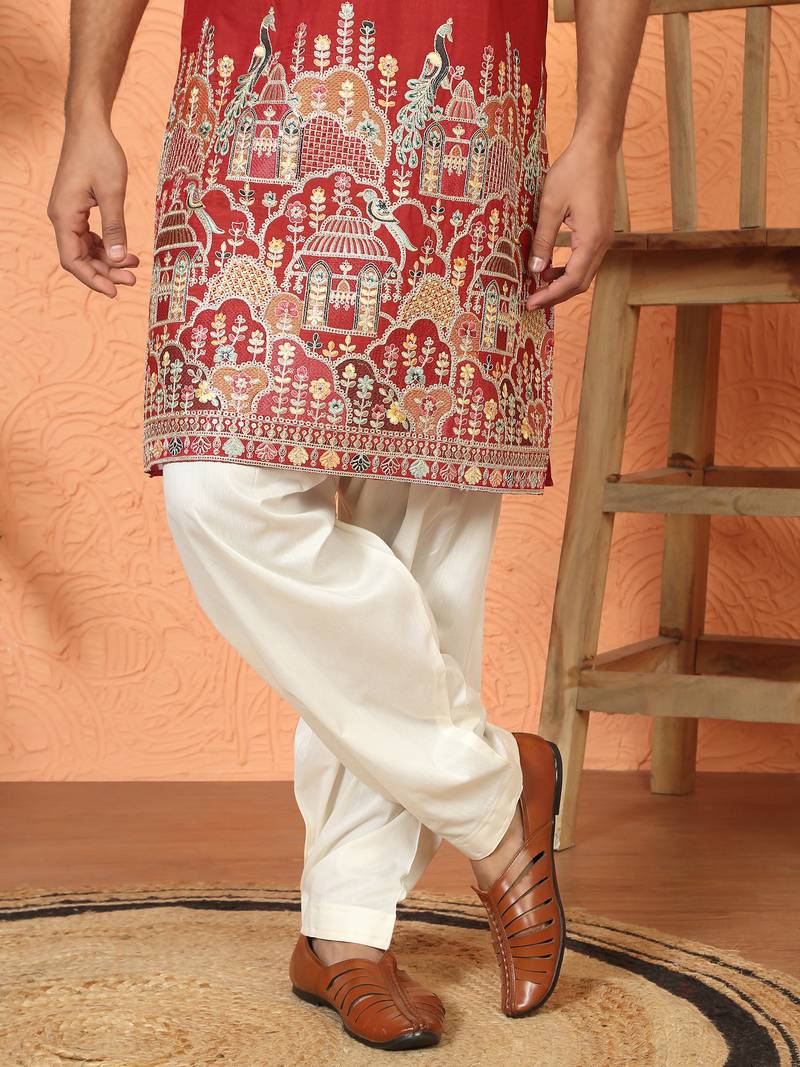 Cotton silk multi embroidered daman work red kurta with salwar