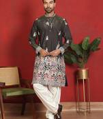 Cotton silk multi embroidered daman work green kurta with salwar