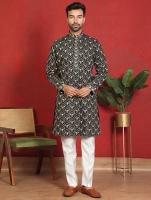 Cotton silk embroidered thread work black kurta with trouser 1