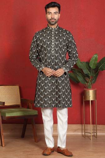 Cotton silk embroidered thread work black kurta with trouser