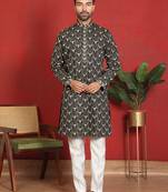 Cotton silk embroidered thread work black kurta with trouser