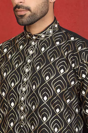 Cotton silk embroidered thread work black kurta with trouser