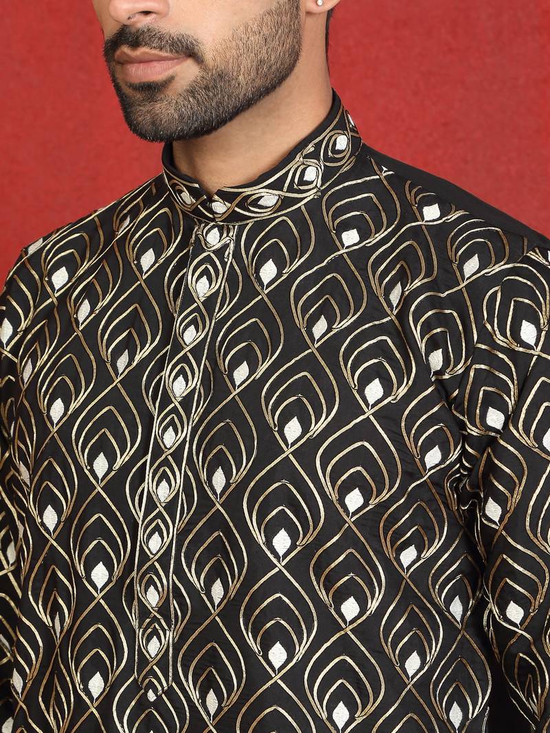 Cotton silk embroidered thread work black kurta with trouser