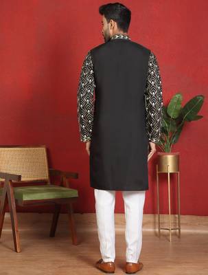 Cotton silk embroidered thread work black kurta with trouser 3