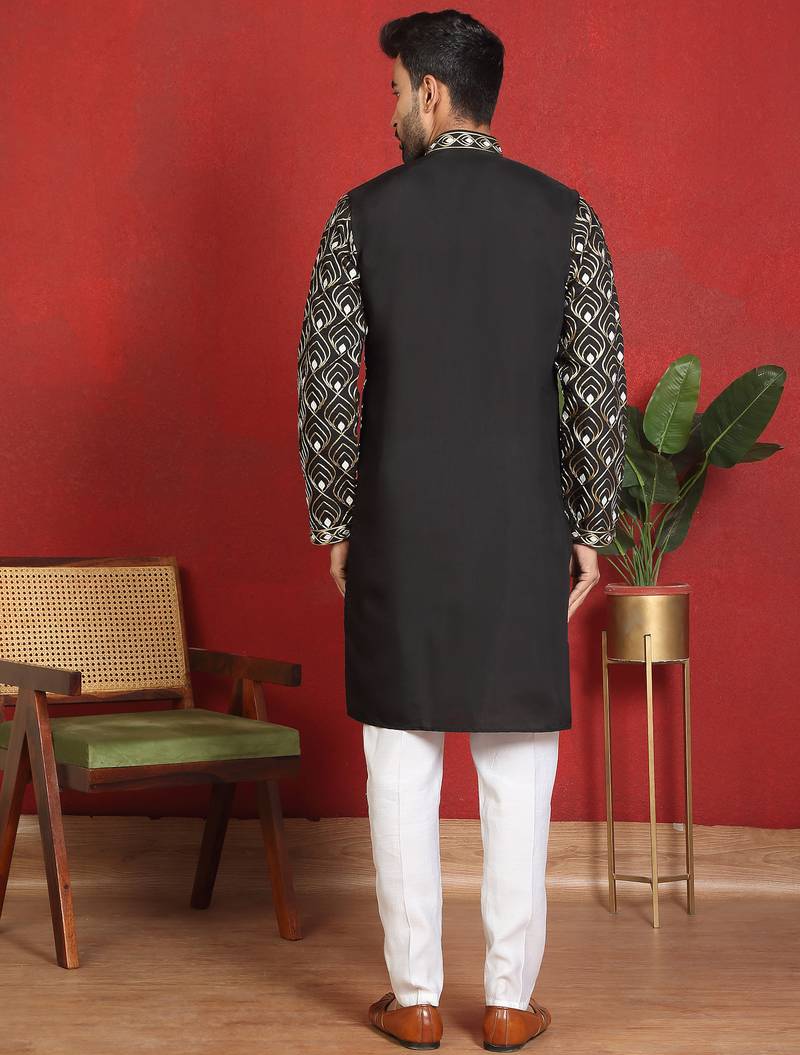 Cotton silk embroidered thread work black kurta with trouser
