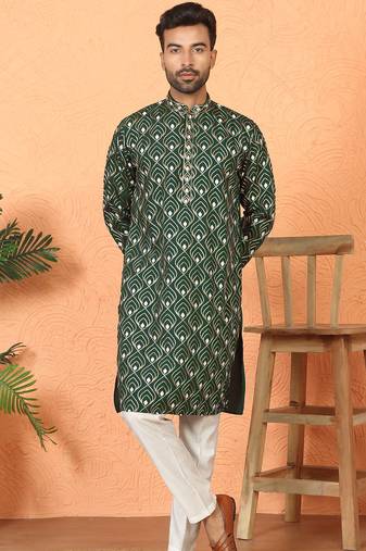Cotton silk embroidered thread work olive green kurta with trouser