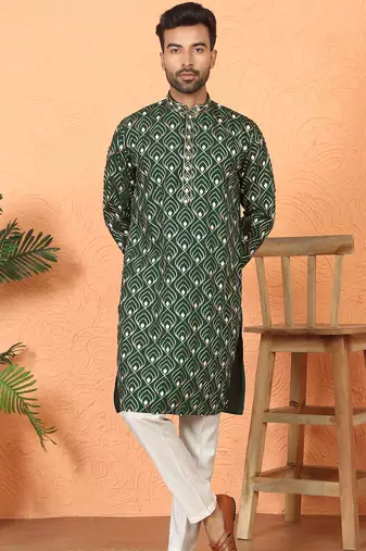 Cotton silk embroidered thread work olive green kurta with trouser