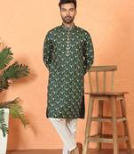 Cotton silk embroidered thread work olive green kurta with trouser