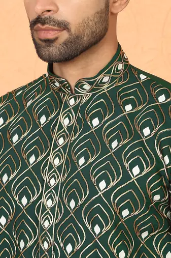 Cotton silk embroidered thread work olive green kurta with trouser