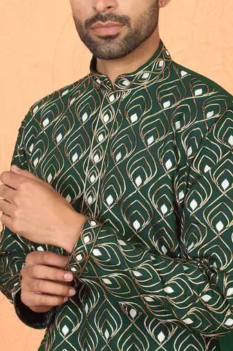 Cotton silk embroidered thread work olive green kurta with trouser
