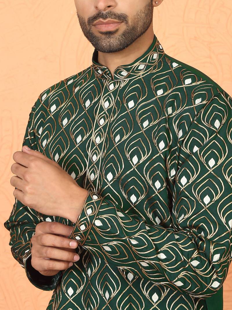 Cotton silk embroidered thread work olive green kurta with trouser