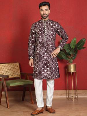 Cotton silk embroidered thread work wine kurta with trouser 1