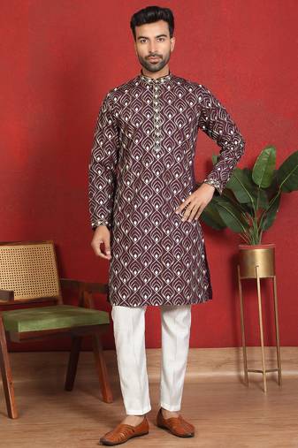 Cotton silk embroidered thread work wine kurta with trouser