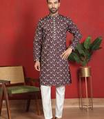 Cotton silk embroidered thread work wine kurta with trouser