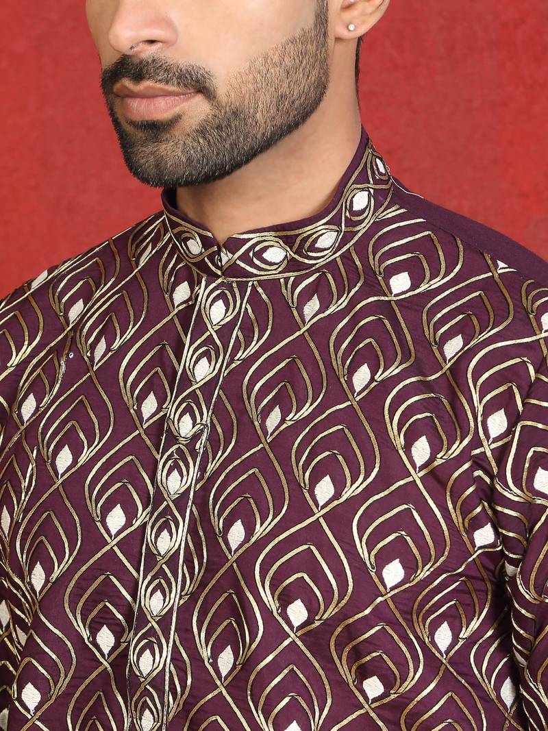 Cotton silk embroidered thread work wine kurta with trouser