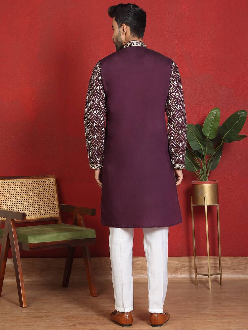 Cotton silk embroidered thread work wine kurta with trouser