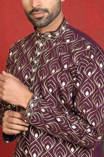 Cotton silk embroidered thread work wine kurta with trouser