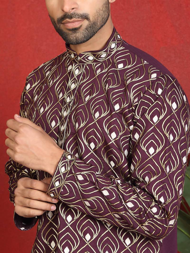 Cotton silk embroidered thread work wine kurta with trouser