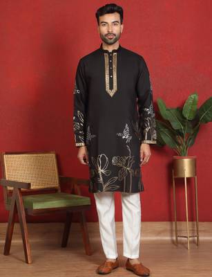 Cotton silk zari placement embroidered daman work black kurta woth trouser 1