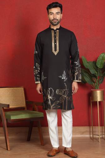 Cotton silk zari placement embroidered daman work black kurta woth trouser