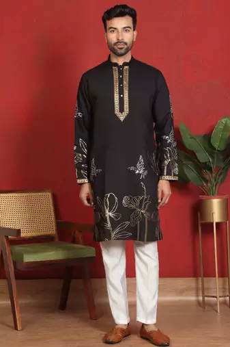 Cotton silk zari placement embroidered daman work black kurta woth trouser
