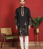Cotton silk zari placement embroidered daman work black kurta woth trouser