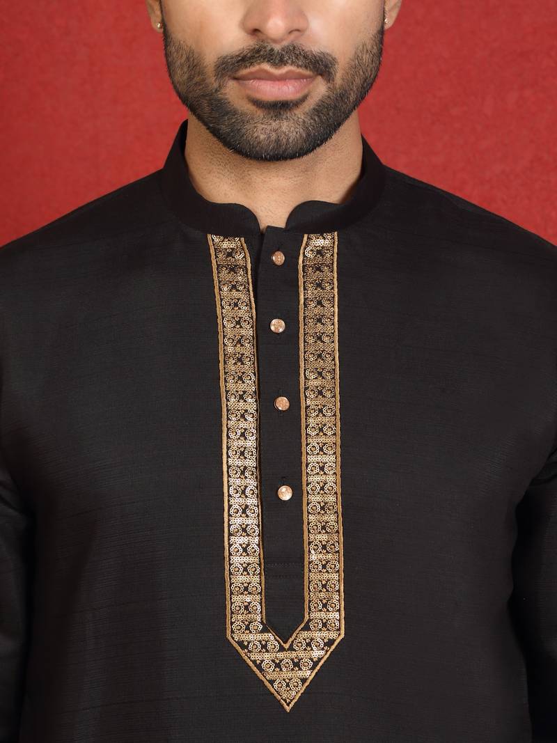 Cotton silk zari placement embroidered daman work black kurta woth trouser