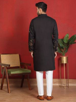 Cotton silk zari placement embroidered daman work black kurta woth trouser 3