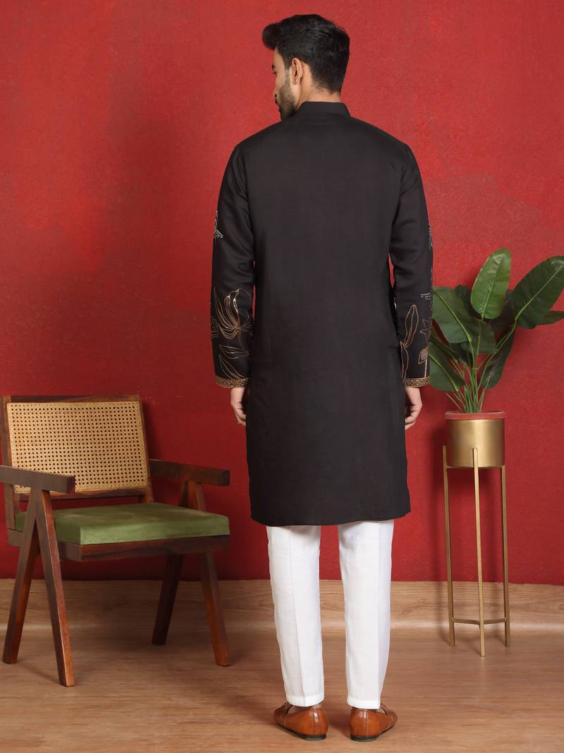 Cotton silk zari placement embroidered daman work black kurta woth trouser