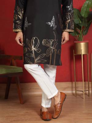 Cotton silk zari placement embroidered daman work black kurta woth trouser 5