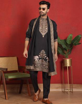 Cotton silk embroidered black kurta & trouser with dupatta 1