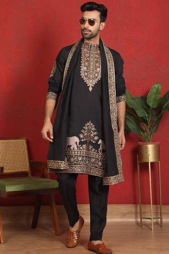 Cotton silk embroidered black kurta & trouser with dupatta