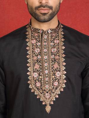Cotton silk embroidered black kurta & trouser with dupatta 2