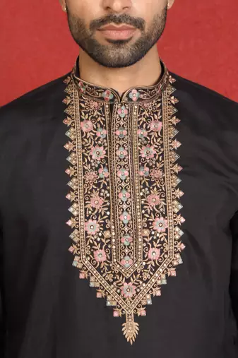 Cotton silk embroidered black kurta & trouser with dupatta