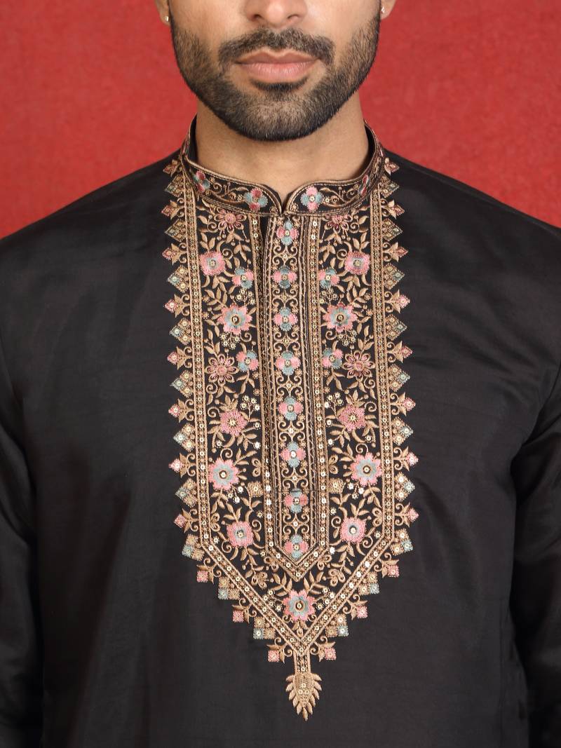 Cotton silk embroidered black kurta & trouser with dupatta
