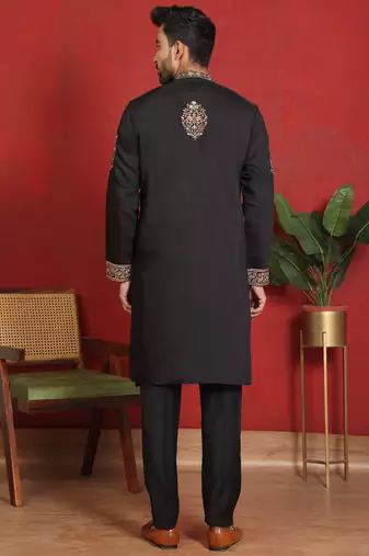 Cotton silk embroidered black kurta & trouser with dupatta