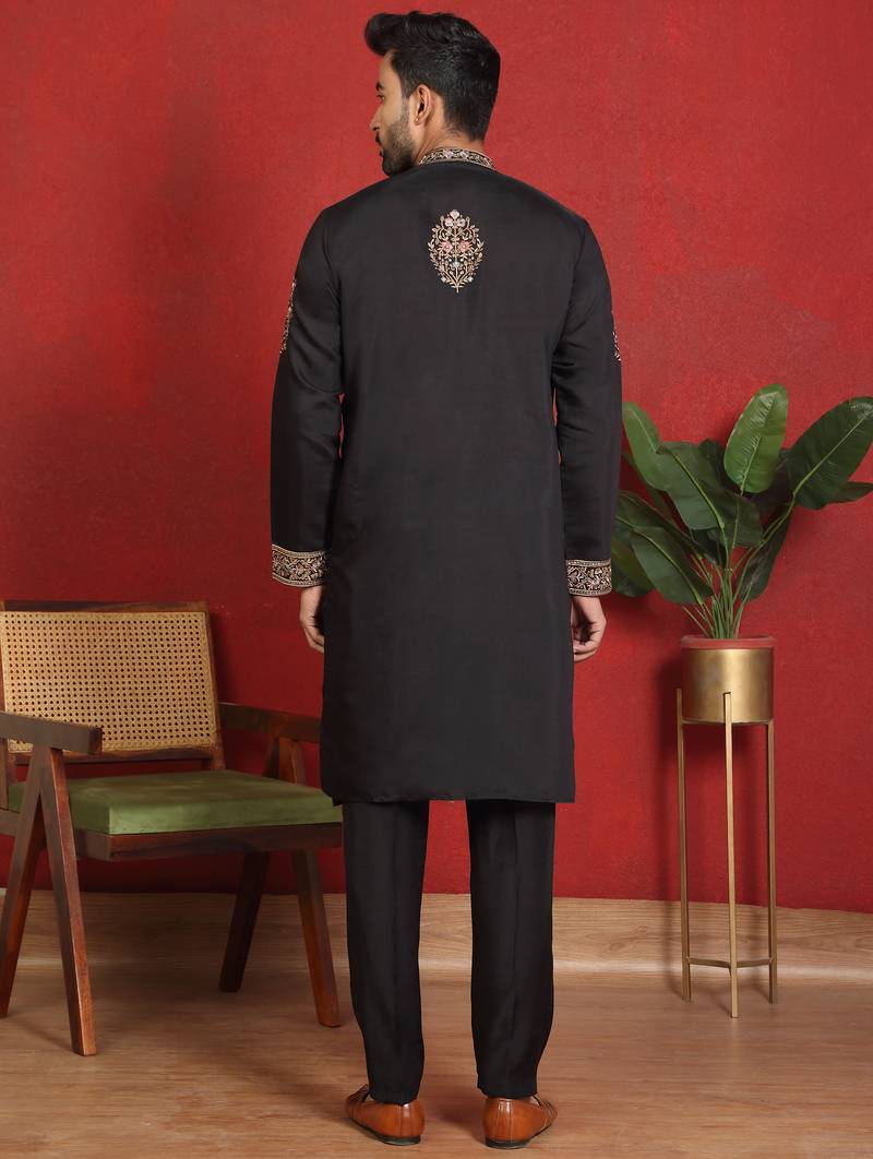 Cotton silk embroidered black kurta & trouser with dupatta