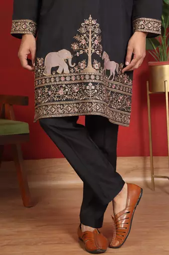 Cotton silk embroidered black kurta & trouser with dupatta