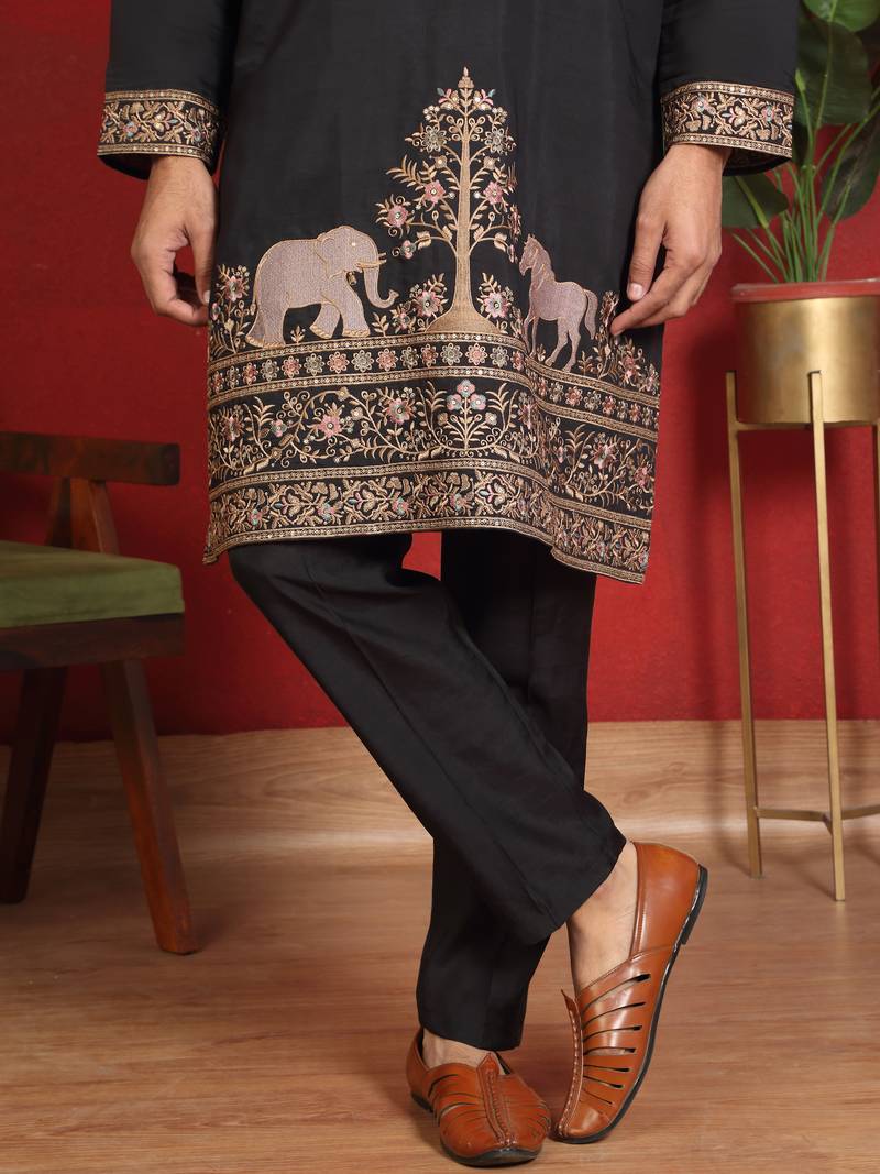 Cotton silk embroidered black kurta & trouser with dupatta